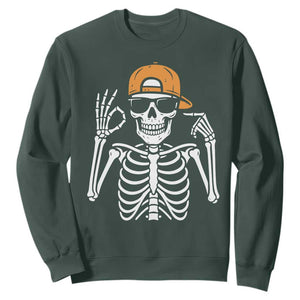 Funny Six Seven 67 Skeleton Gen Alpha Halloween Meme Sweatshirt TS11 Dark Forest Green Print Your Wear