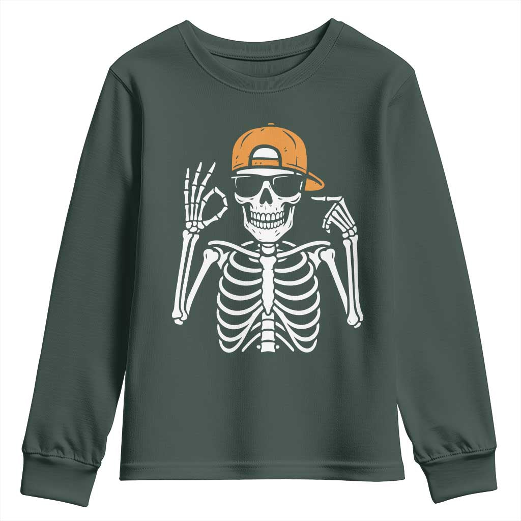 Funny Six Seven 67 Skeleton Gen Alpha Halloween Meme Youth Sweatshirt TS11 Dark Forest Green Print Your Wear