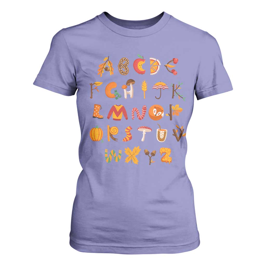 Funny Kindergarten Teacher T Shirt For Women Thanksgiving Alphabet Learning Autumn Season TS11 Violet Print Your Wear