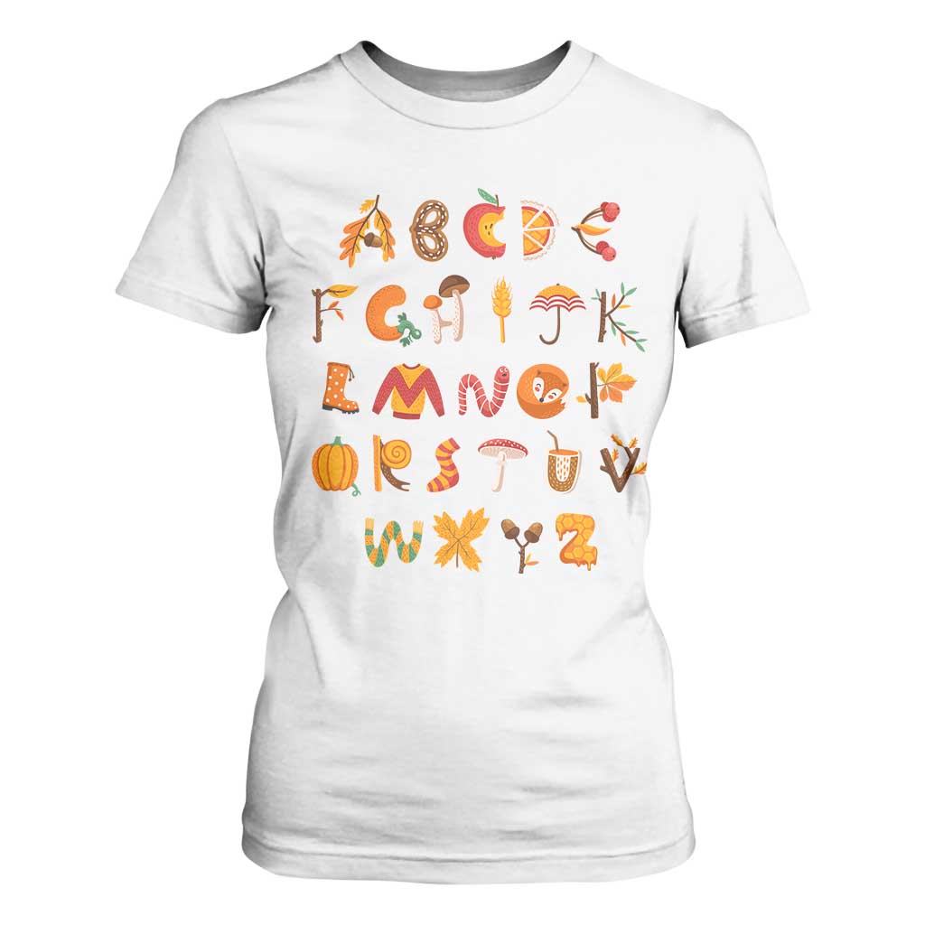 Funny Kindergarten Teacher T Shirt For Women Thanksgiving Alphabet Learning Autumn Season TS11 White Print Your Wear