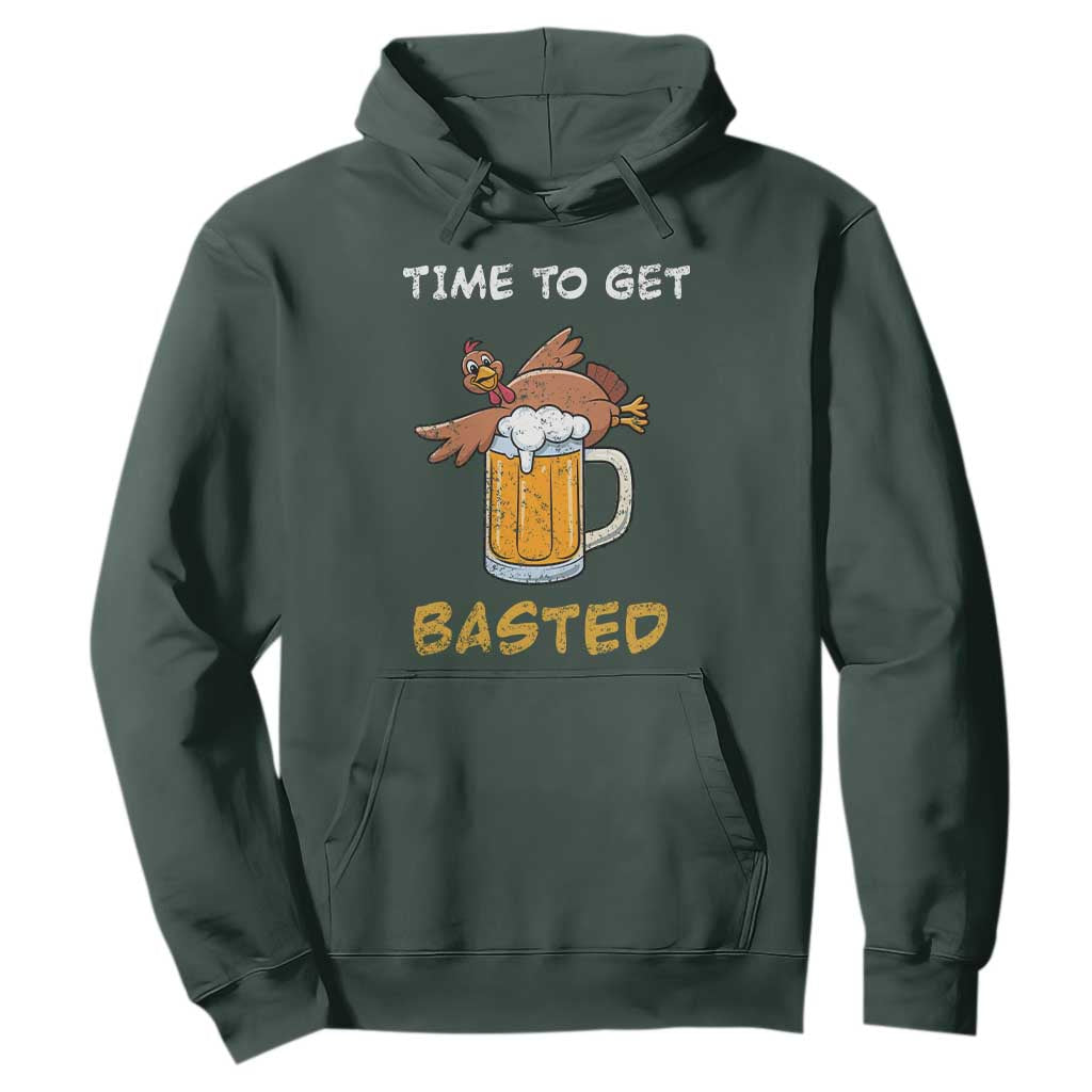 Funny Thanksgiving Beer Hoodie Time To Get Basted Vintage Turkey TS11 Dark Forest Green Print Your Wear