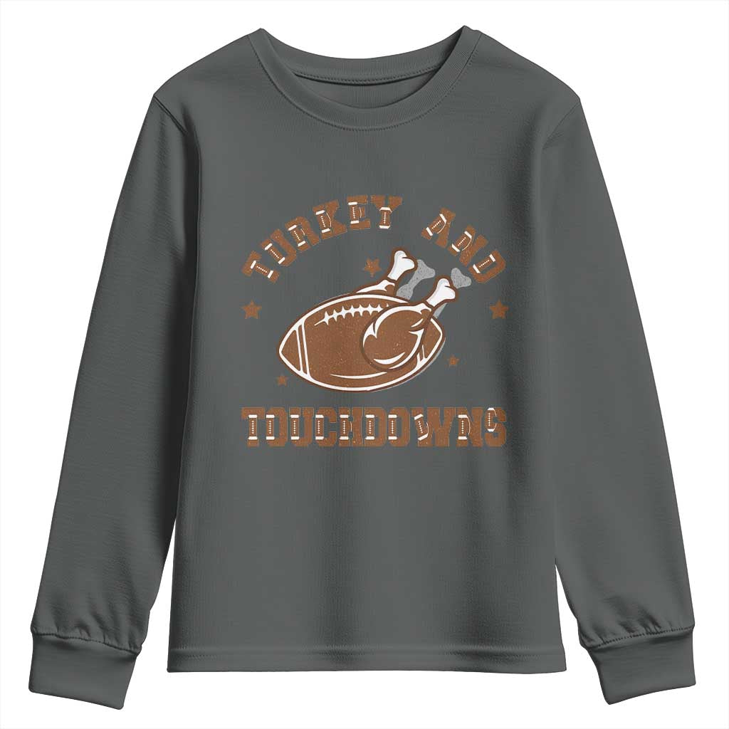 Thanksgiving Football Youth Sweatshirt Turkey And Touchdowns Vintage American Football TS11 Dark Heather Print Your Wear