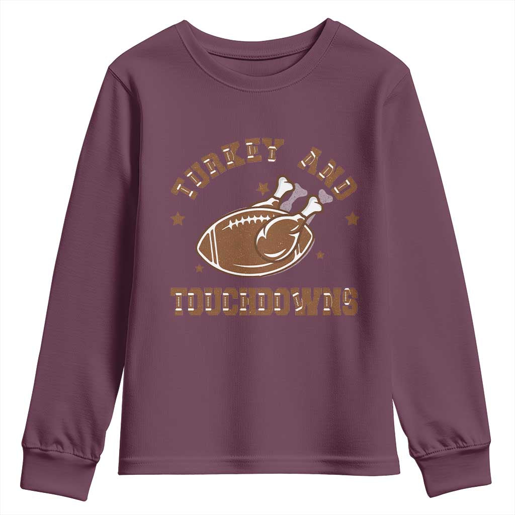 Thanksgiving Football Youth Sweatshirt Turkey And Touchdowns Vintage American Football TS11 Maroon Print Your Wear