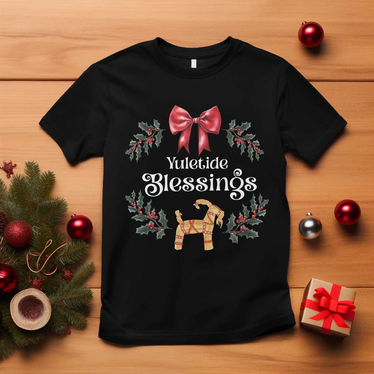 Yuletide Blessings T Shirt Yule Goat Winter Solstice Christmas Wreath TS11 Black Print Your Wear