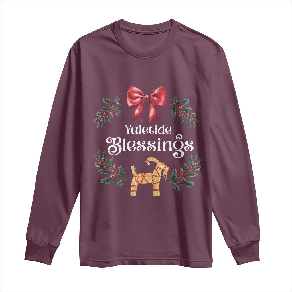 Yuletide Blessings Long Sleeve Shirt Yule Goat Winter Solstice Christmas Wreath TS11 Maroon Print Your Wear