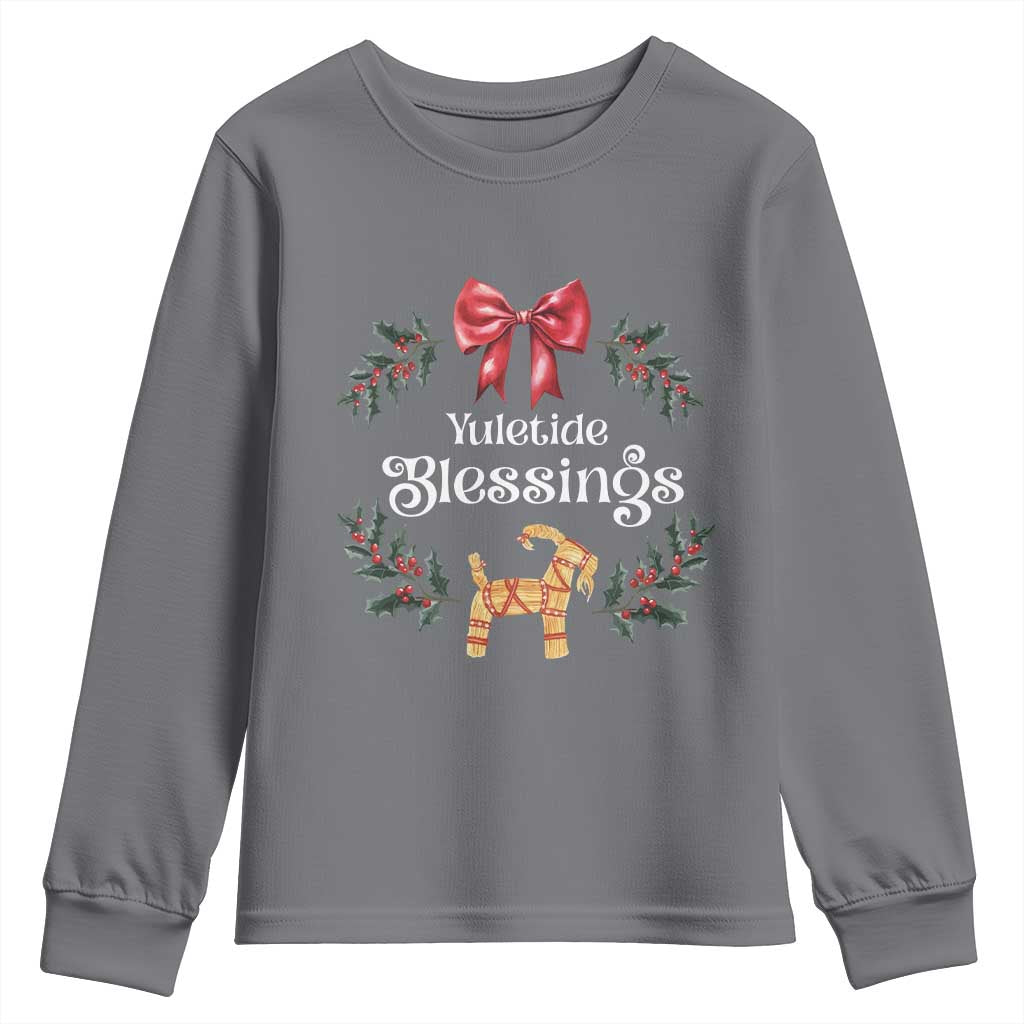 Yuletide Blessings Youth Sweatshirt Yule Goat Winter Solstice Christmas Wreath TS11 Charcoal Print Your Wear