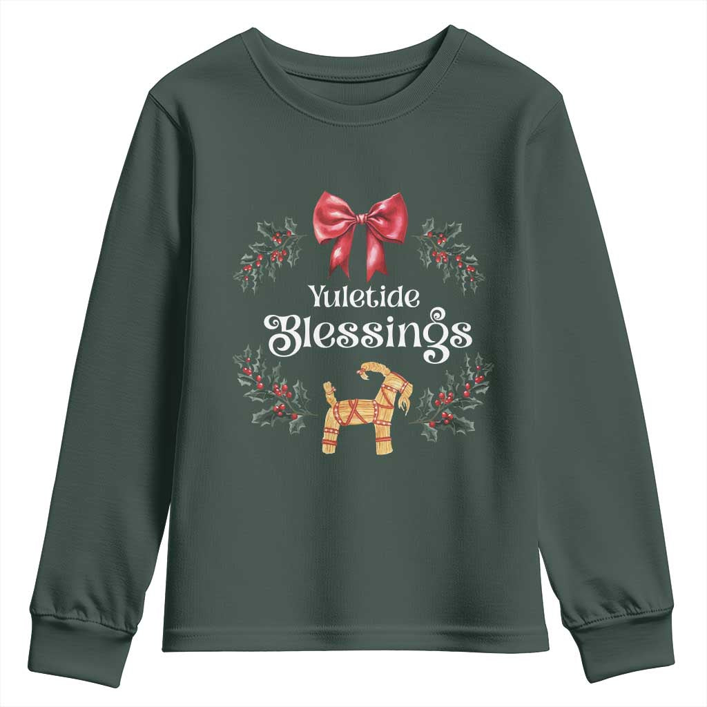 Yuletide Blessings Youth Sweatshirt Yule Goat Winter Solstice Christmas Wreath TS11 Dark Forest Green Print Your Wear