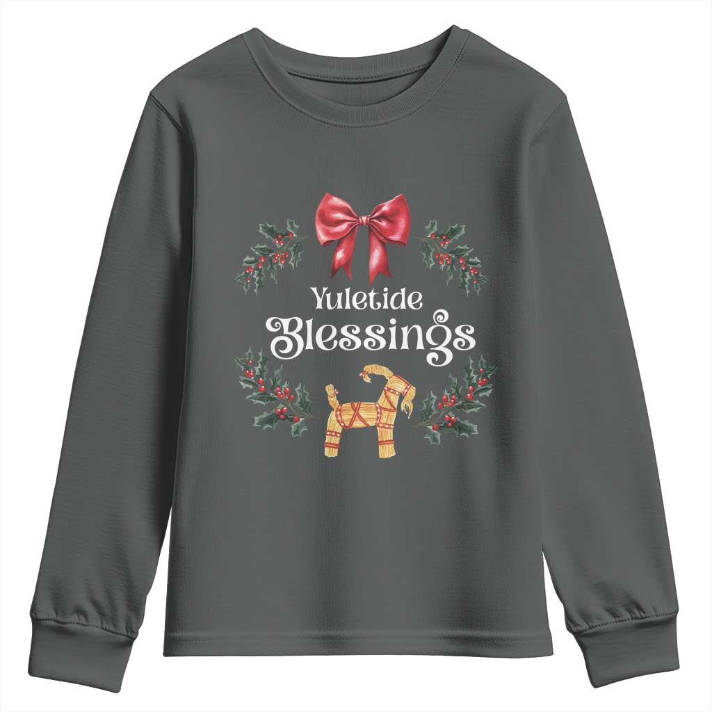 Yuletide Blessings Youth Sweatshirt Yule Goat Winter Solstice Christmas Wreath TS11 Dark Heather Print Your Wear