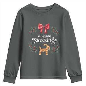 Yuletide Blessings Youth Sweatshirt Yule Goat Winter Solstice Christmas Wreath TS11 Dark Heather Print Your Wear