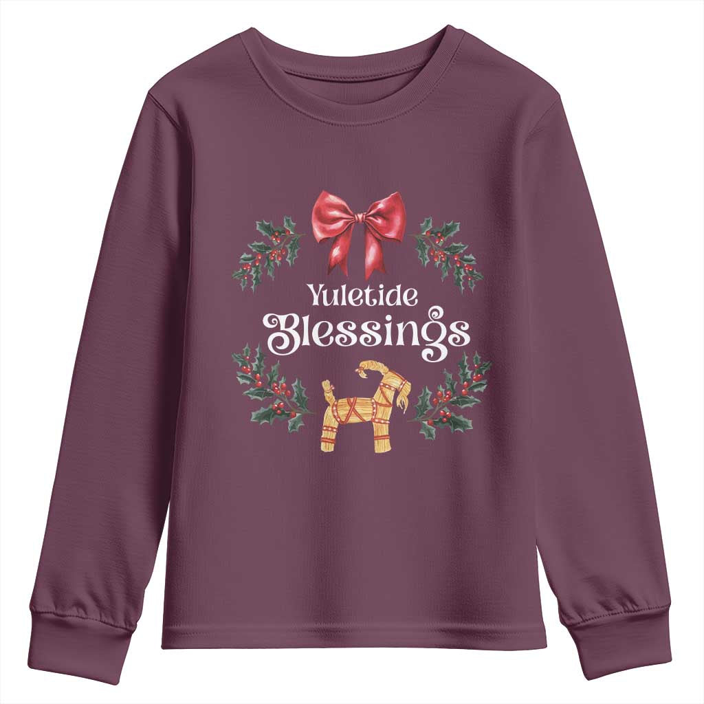 Yuletide Blessings Youth Sweatshirt Yule Goat Winter Solstice Christmas Wreath TS11 Maroon Print Your Wear