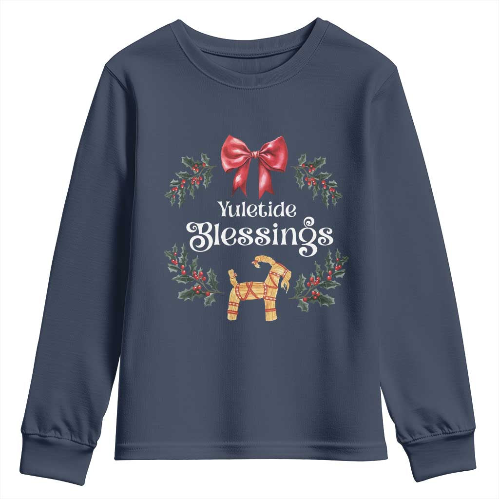 Yuletide Blessings Youth Sweatshirt Yule Goat Winter Solstice Christmas Wreath TS11 Navy Print Your Wear