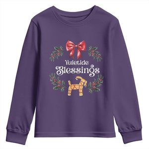 Yuletide Blessings Youth Sweatshirt Yule Goat Winter Solstice Christmas Wreath TS11 Purple Print Your Wear