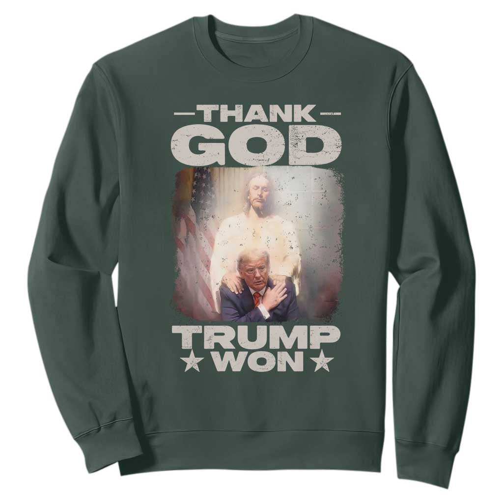 Thank God Trump Won 2024 Sweatshirt Christian Jesus Bible The 47th US President TS11 Dark Forest Green Print Your Wear