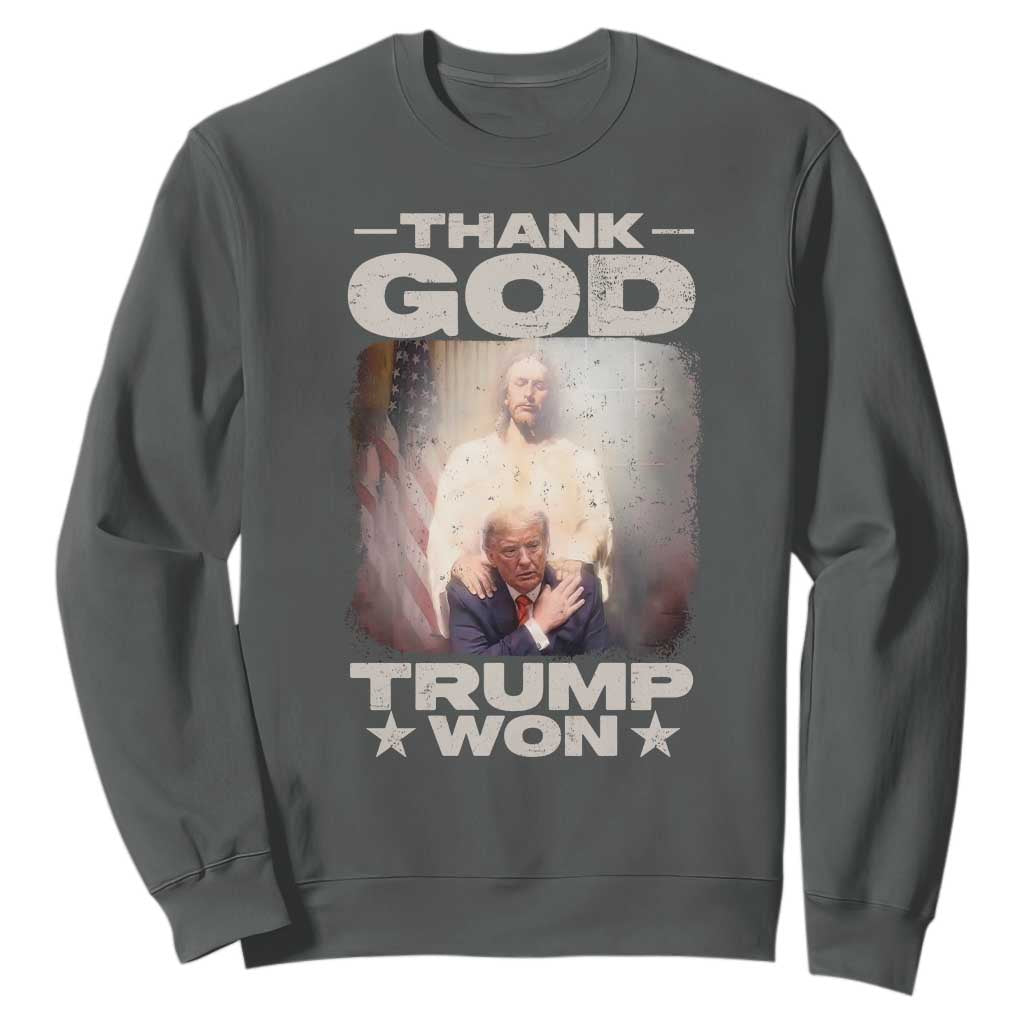 Thank God Trump Won 2024 Sweatshirt Christian Jesus Bible The 47th US President TS11 Dark Heather Print Your Wear