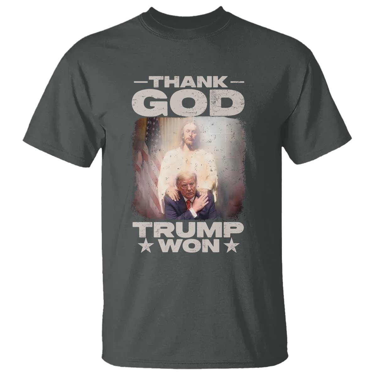 Thank God Trump Won 2024 T Shirt Christian Jesus Bible The 47th US President TS11 Dark Heather Print Your Wear