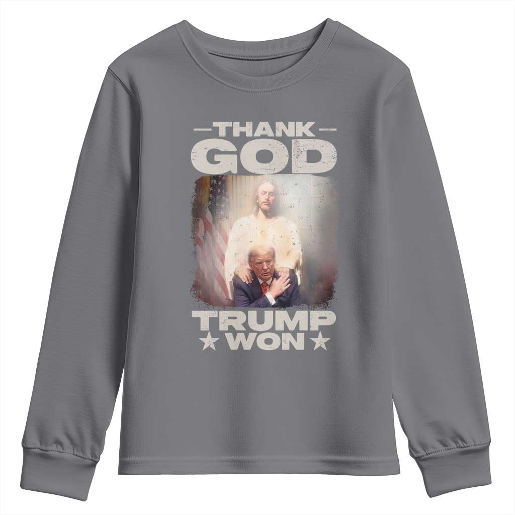 Thank God Trump Won 2024 Youth Sweatshirt Christian Jesus Bible The 47th US President TS11 Charcoal Print Your Wear