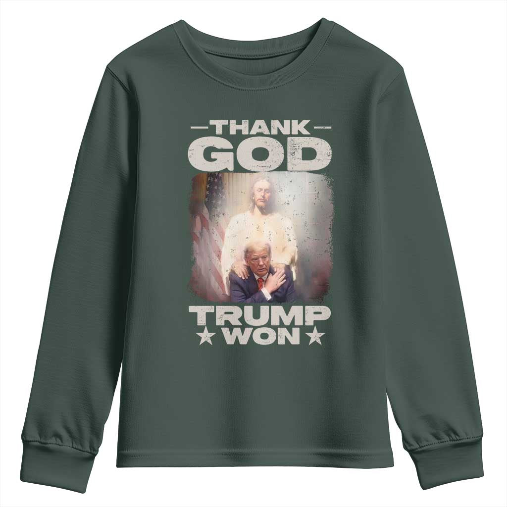 Thank God Trump Won 2024 Youth Sweatshirt Christian Jesus Bible The 47th US President TS11 Dark Forest Green Print Your Wear