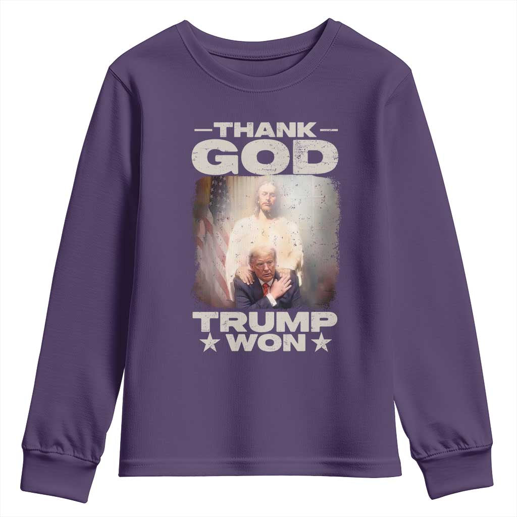 Thank God Trump Won 2024 Youth Sweatshirt Christian Jesus Bible The 47th US President TS11 Purple Print Your Wear