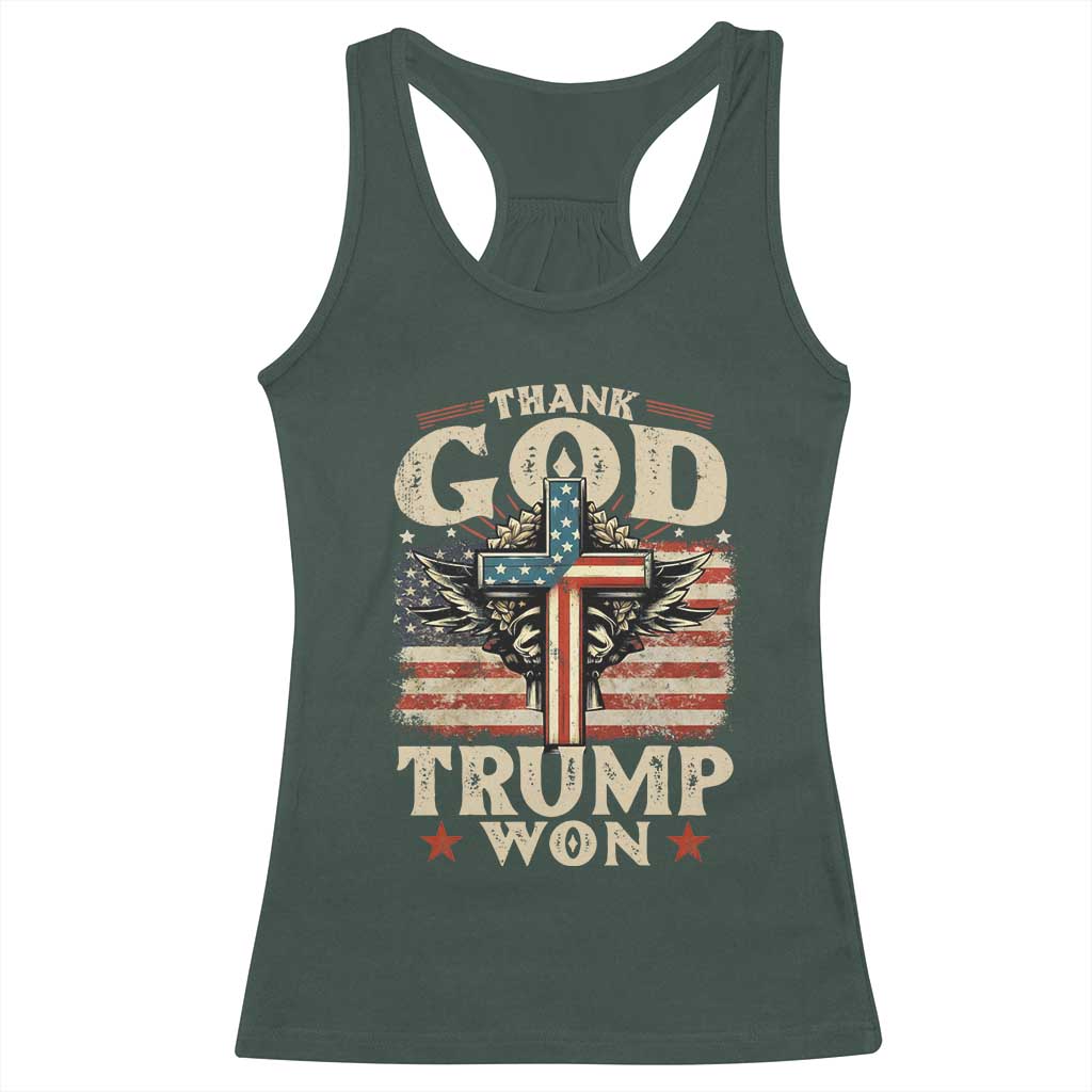 Thank God Trump Won 2024 Racerback Tank Top The 47th US President Vintage American Flag TS11 Dark Forest Green Print Your Wear