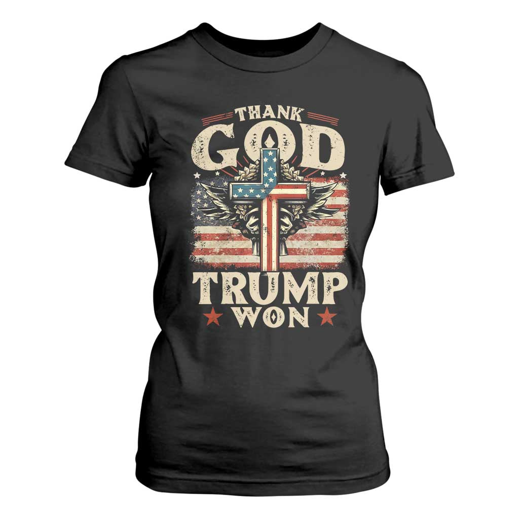 Thank God Trump Won 2024 T Shirt For Women The 47th US President Vintage American Flag TS11 Black Print Your Wear