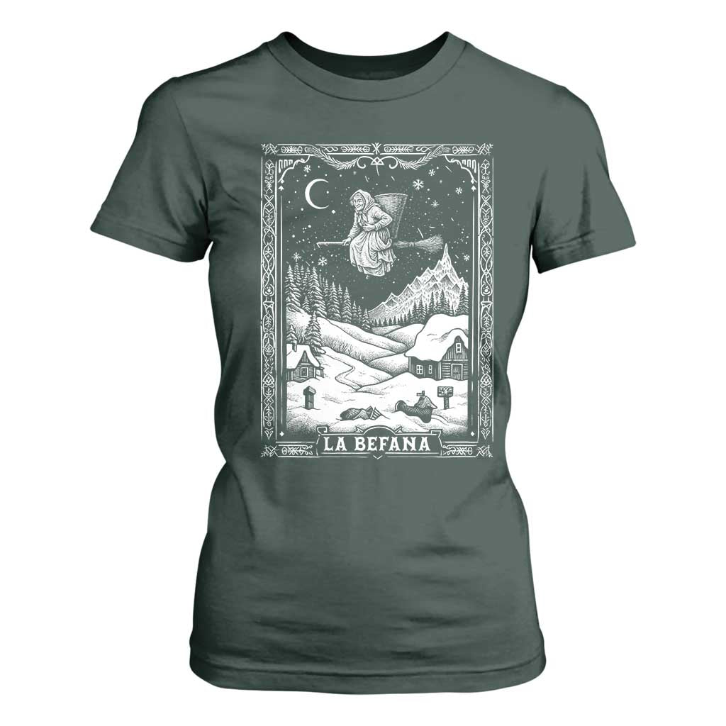Italian Christmas La Befana T Shirt For Women Buon Befana Folklore Xmas Witch TS11 Dark Forest Green Print Your Wear