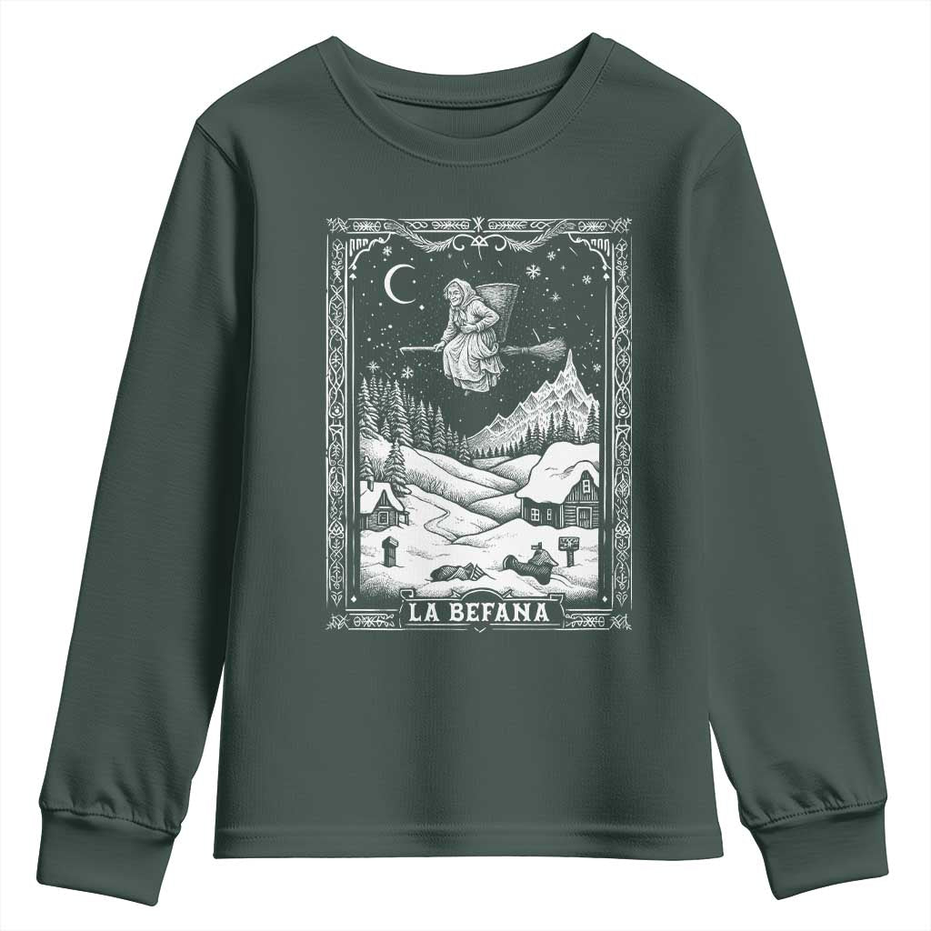 Italian Christmas La Befana Youth Sweatshirt Buon Befana Folklore Xmas Witch TS11 Dark Forest Green Print Your Wear