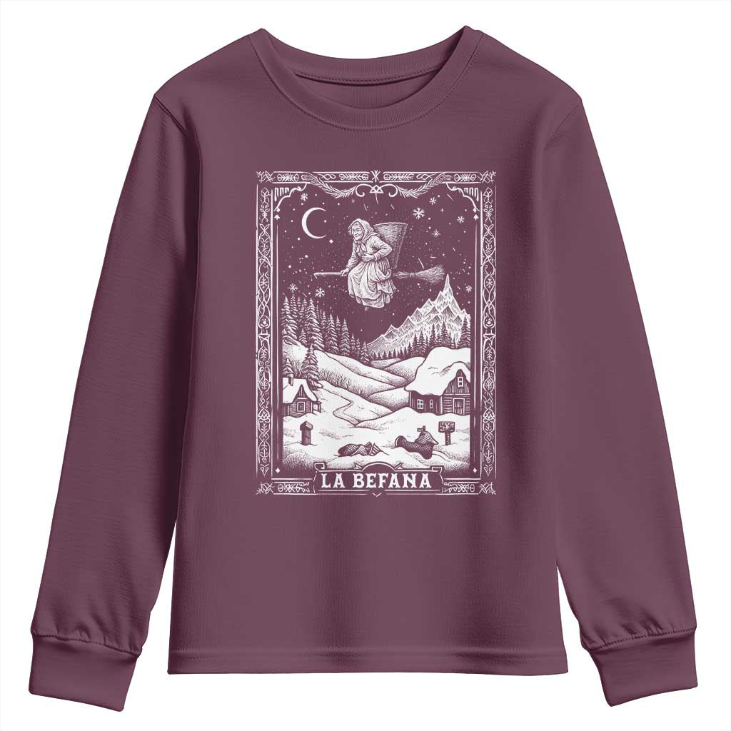 Italian Christmas La Befana Youth Sweatshirt Buon Befana Folklore Xmas Witch TS11 Maroon Print Your Wear