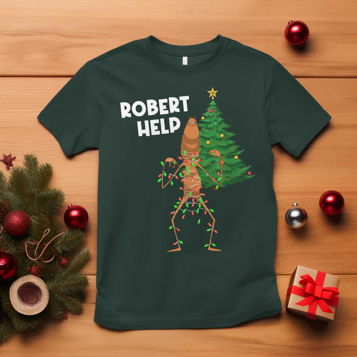 Funny Marcus The Worm Christmas T Shirt Robert Help Xmas Tree TS11 Dark Forest Green Print Your Wear