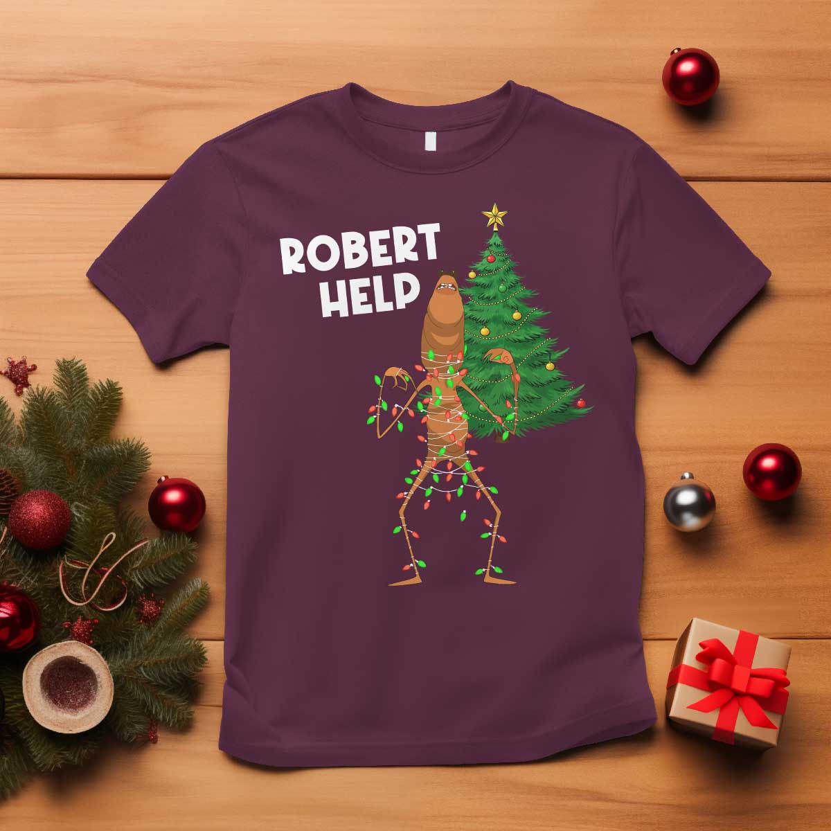 Funny Marcus The Worm Christmas T Shirt Robert Help Xmas Tree TS11 Maroon Print Your Wear