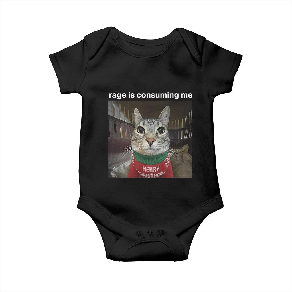 Rage Is Consuming Me Christmas Baby Onesie Funny Silly Staring Cat Meme Xmas Ugly Sweater TS11 Black Print Your Wear