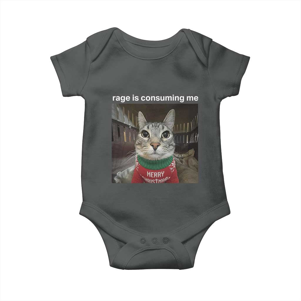 Rage Is Consuming Me Christmas Baby Onesie Funny Silly Staring Cat Meme Xmas Ugly Sweater TS11 Dark Heather Print Your Wear