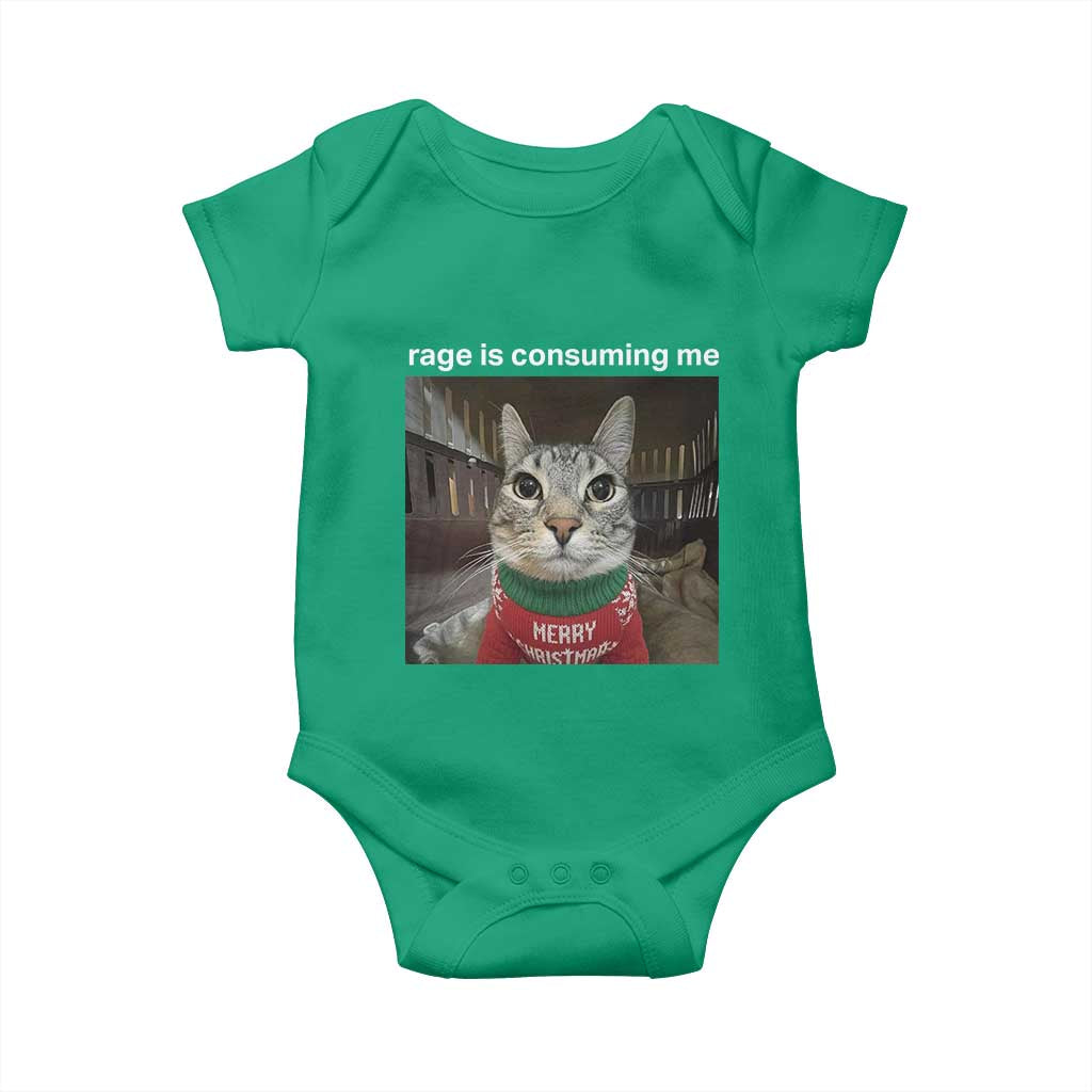 Rage Is Consuming Me Christmas Baby Onesie Funny Silly Staring Cat Meme Xmas Ugly Sweater TS11 Irish Green Print Your Wear