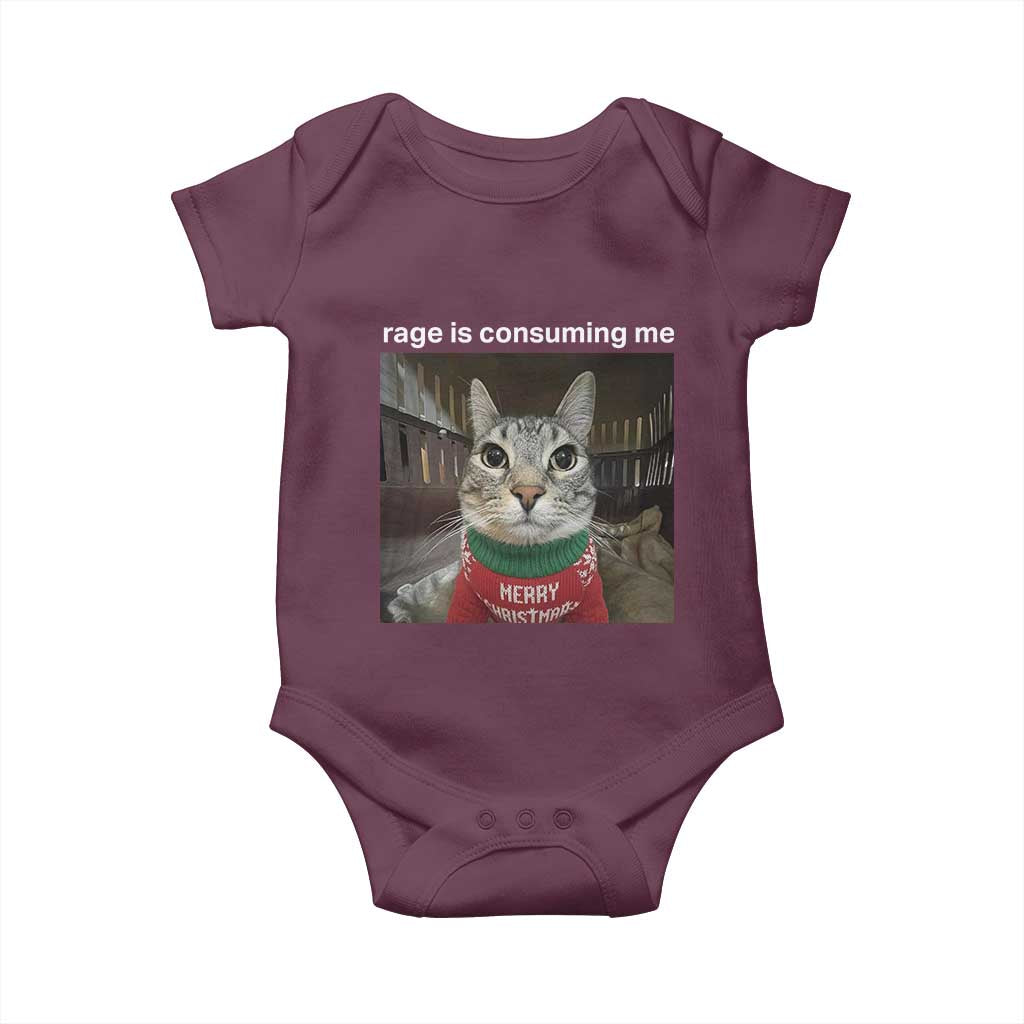 Rage Is Consuming Me Christmas Baby Onesie Funny Silly Staring Cat Meme Xmas Ugly Sweater TS11 Maroon Print Your Wear