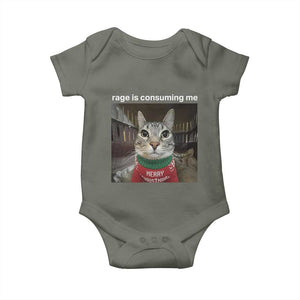Rage Is Consuming Me Christmas Baby Onesie Funny Silly Staring Cat Meme Xmas Ugly Sweater TS11 Military Green Print Your Wear