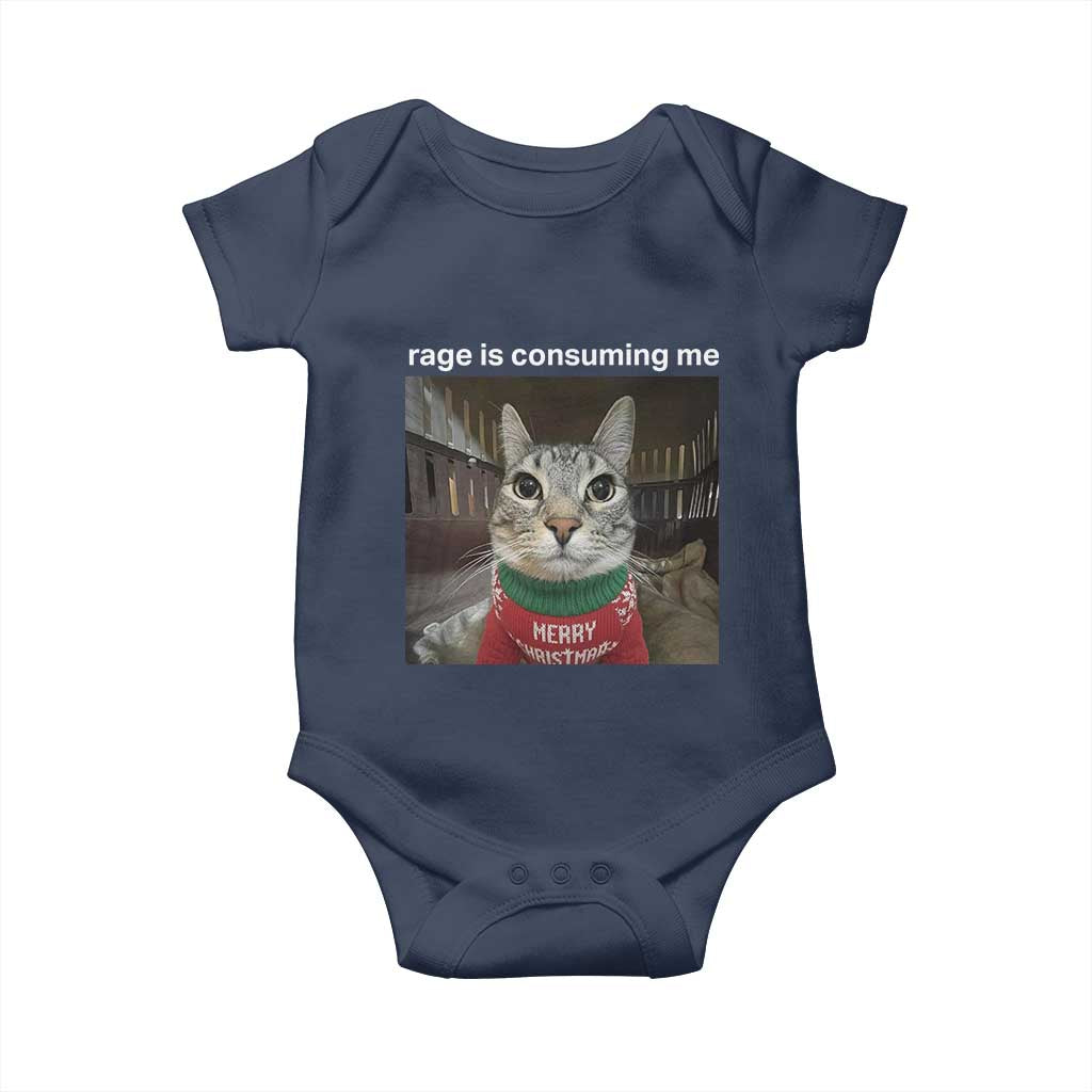 Rage Is Consuming Me Christmas Baby Onesie Funny Silly Staring Cat Meme Xmas Ugly Sweater TS11 Navy Print Your Wear