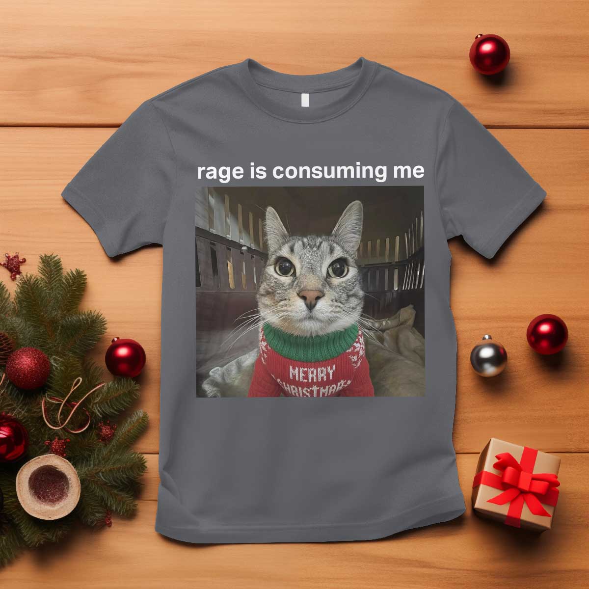 Rage Is Consuming Me Christmas T Shirt Funny Silly Staring Cat Meme Xmas Ugly Sweater TS11 Charcoal Print Your Wear