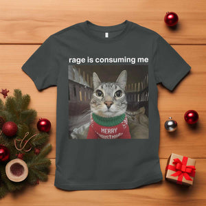Rage Is Consuming Me Christmas T Shirt Funny Silly Staring Cat Meme Xmas Ugly Sweater TS11 Dark Heather Print Your Wear