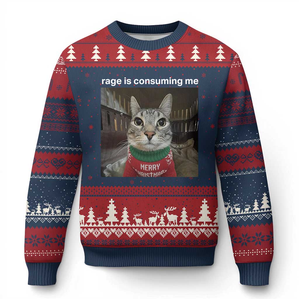 Rage Is Consuming Me Xmas Ugly Christmas Sweater Funny Silly Staring Cat Meme Xmas Ugly Sweater TS11 Navy Red Print Your Wear
