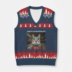 Rage Is Consuming Me Xmas V-Neck Knit Sweater Vest Funny Silly Staring Cat Meme Xmas Ugly Sweater TS11 Navy Red Print Your Wear