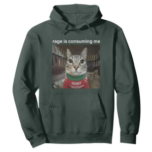 Rage Is Consuming Me Christmas Hoodie Funny Silly Staring Cat Meme Xmas Ugly Sweater TS11 Dark Forest Green Print Your Wear