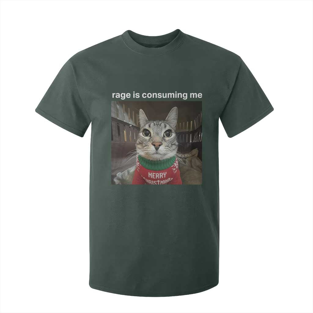 Rage Is Consuming Me Christmas T Shirt For Kid Funny Silly Staring Cat Meme Xmas Ugly Sweater TS11 Dark Forest Green Print Your Wear