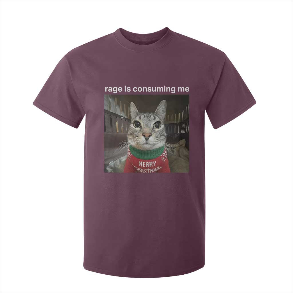 Rage Is Consuming Me Christmas T Shirt For Kid Funny Silly Staring Cat Meme Xmas Ugly Sweater TS11 Maroon Print Your Wear