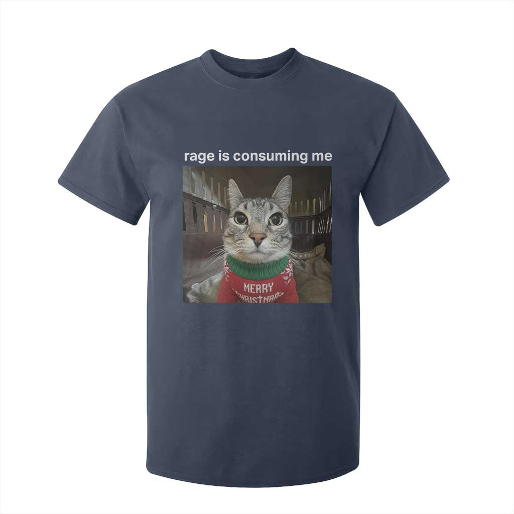 Rage Is Consuming Me Christmas T Shirt For Kid Funny Silly Staring Cat Meme Xmas Ugly Sweater TS11 Navy Print Your Wear
