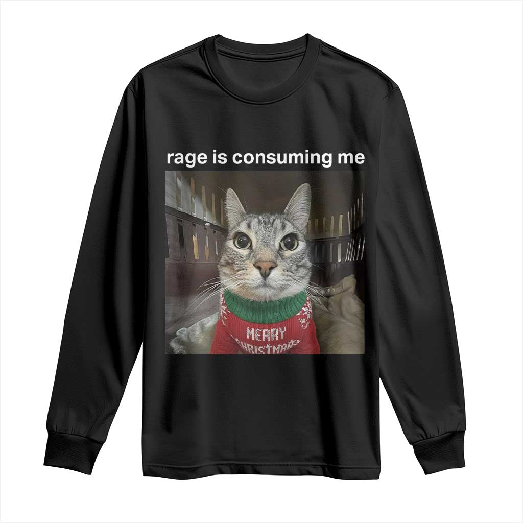 Rage Is Consuming Me Christmas Long Sleeve Shirt Funny Silly Staring Cat Meme Xmas Ugly Sweater TS11 Black Print Your Wear