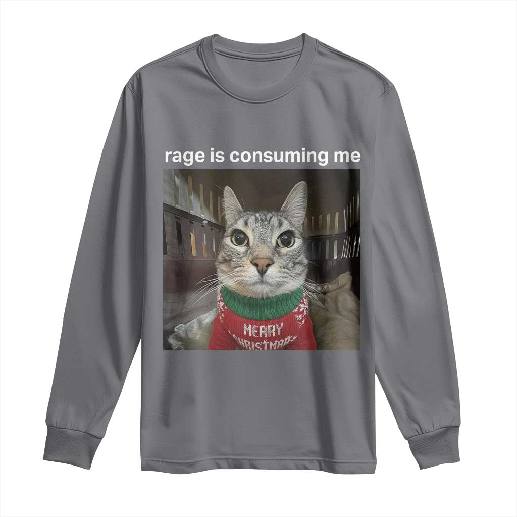Rage Is Consuming Me Christmas Long Sleeve Shirt Funny Silly Staring Cat Meme Xmas Ugly Sweater TS11 Charcoal Print Your Wear