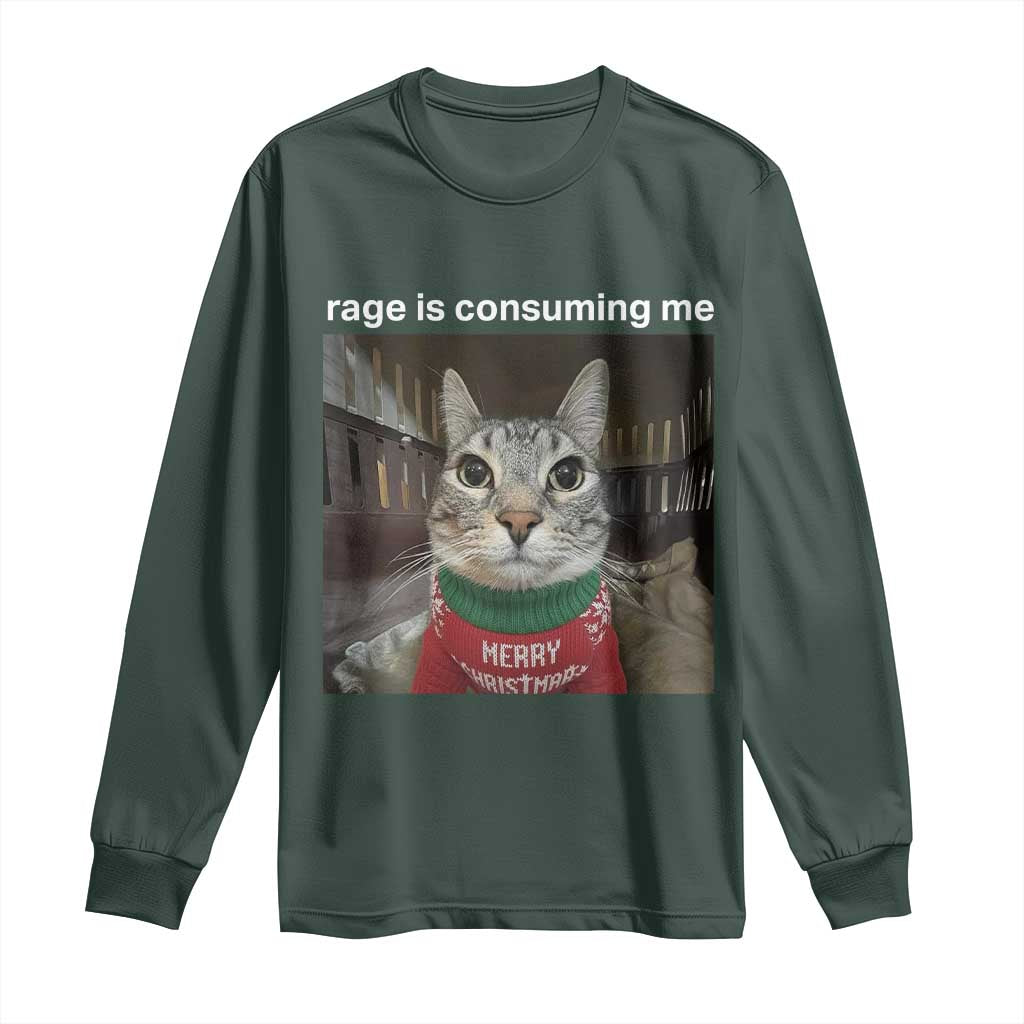 Rage Is Consuming Me Christmas Long Sleeve Shirt Funny Silly Staring Cat Meme Xmas Ugly Sweater TS11 Dark Forest Green Print Your Wear