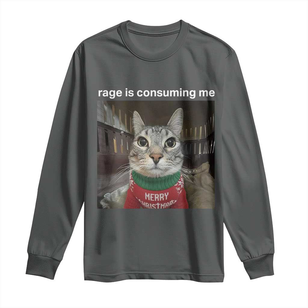 Rage Is Consuming Me Christmas Long Sleeve Shirt Funny Silly Staring Cat Meme Xmas Ugly Sweater TS11 Dark Heather Print Your Wear