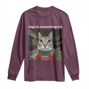 Rage Is Consuming Me Christmas Long Sleeve Shirt Funny Silly Staring Cat Meme Xmas Ugly Sweater TS11 Maroon Print Your Wear