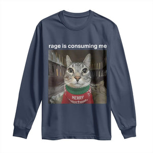 Rage Is Consuming Me Christmas Long Sleeve Shirt Funny Silly Staring Cat Meme Xmas Ugly Sweater TS11 Navy Print Your Wear