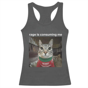 Rage Is Consuming Me Christmas Racerback Tank Top Funny Silly Staring Cat Meme Xmas Ugly Sweater TS11 Dark Heather Print Your Wear